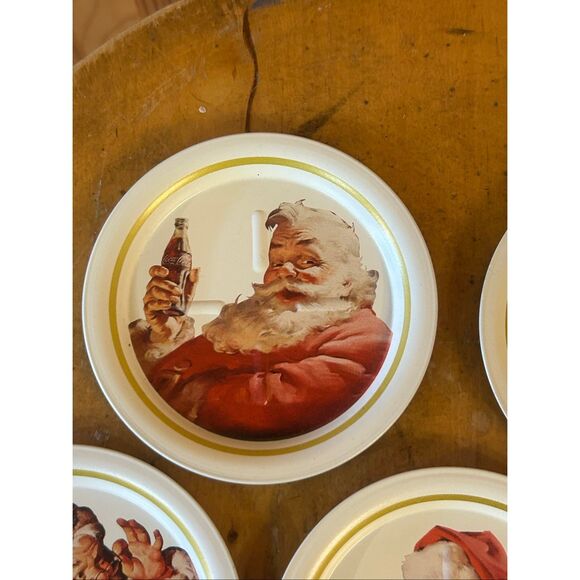 COCA COLA SANTA COASTERS TRAYS METAL SET OF 5 USED COKE VINTAGE ADVERTISING (537 - Picture 3 of 7